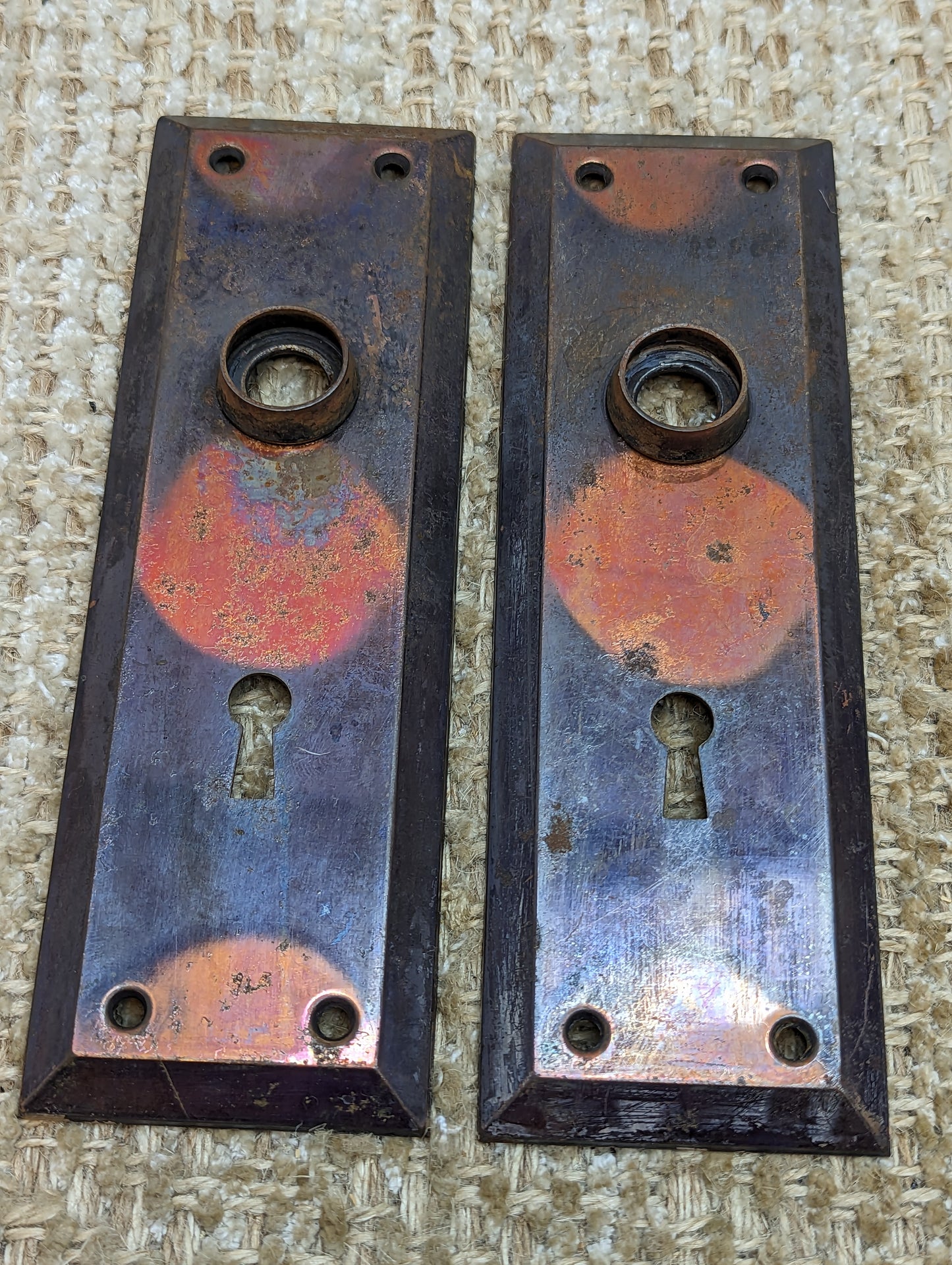 2 1/4" x 7" Pair Of Antique Stamped Steel Door Knob Plate Hardware