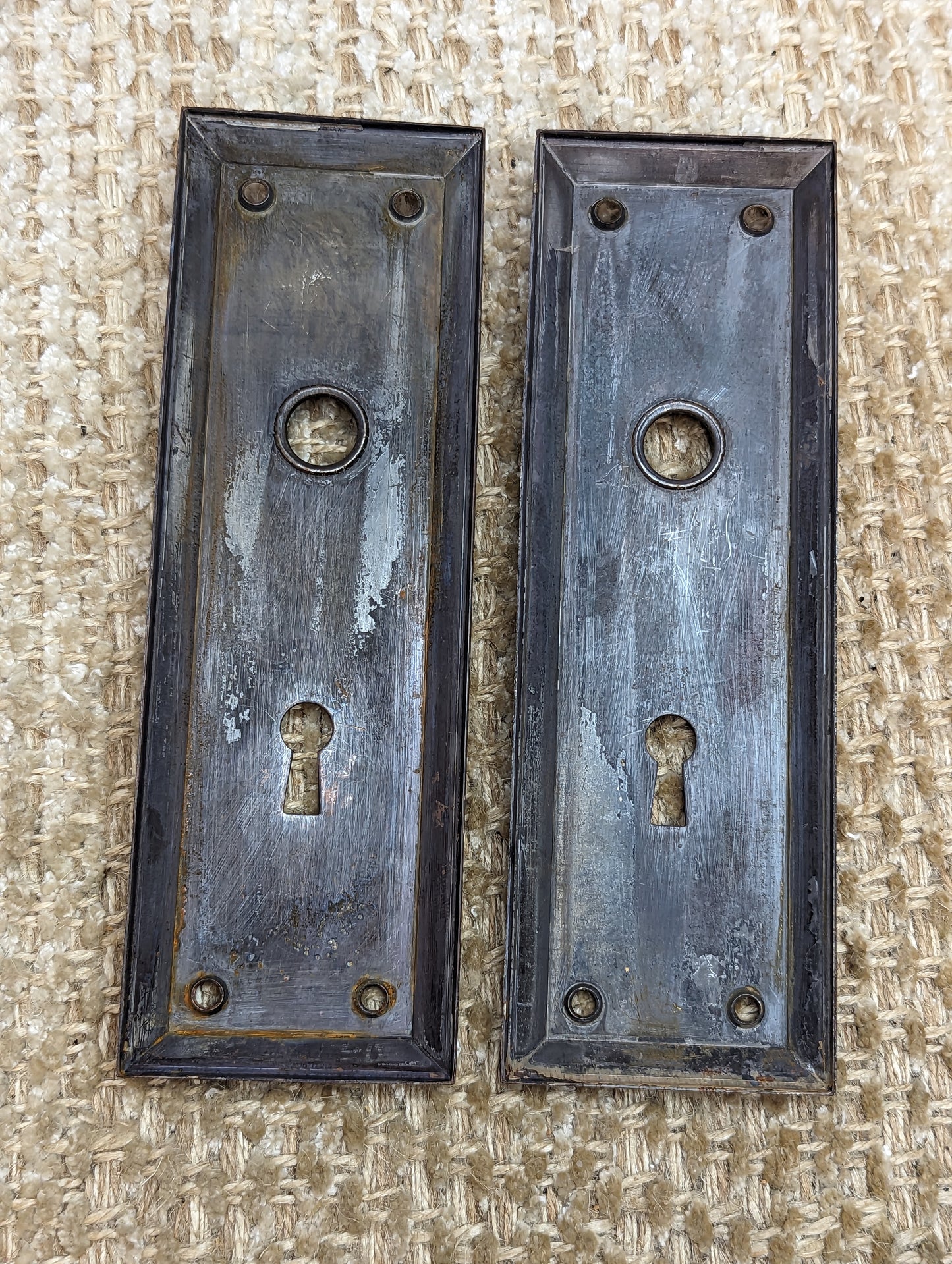 2 1/4" x 7" Pair Of Antique Stamped Steel Door Knob Plate Hardware