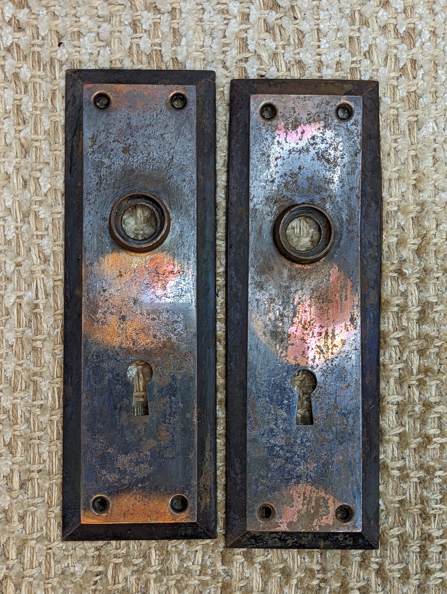 2 1/4" x 7" Pair Of Antique Stamped Steel Door Knob Plate Hardware