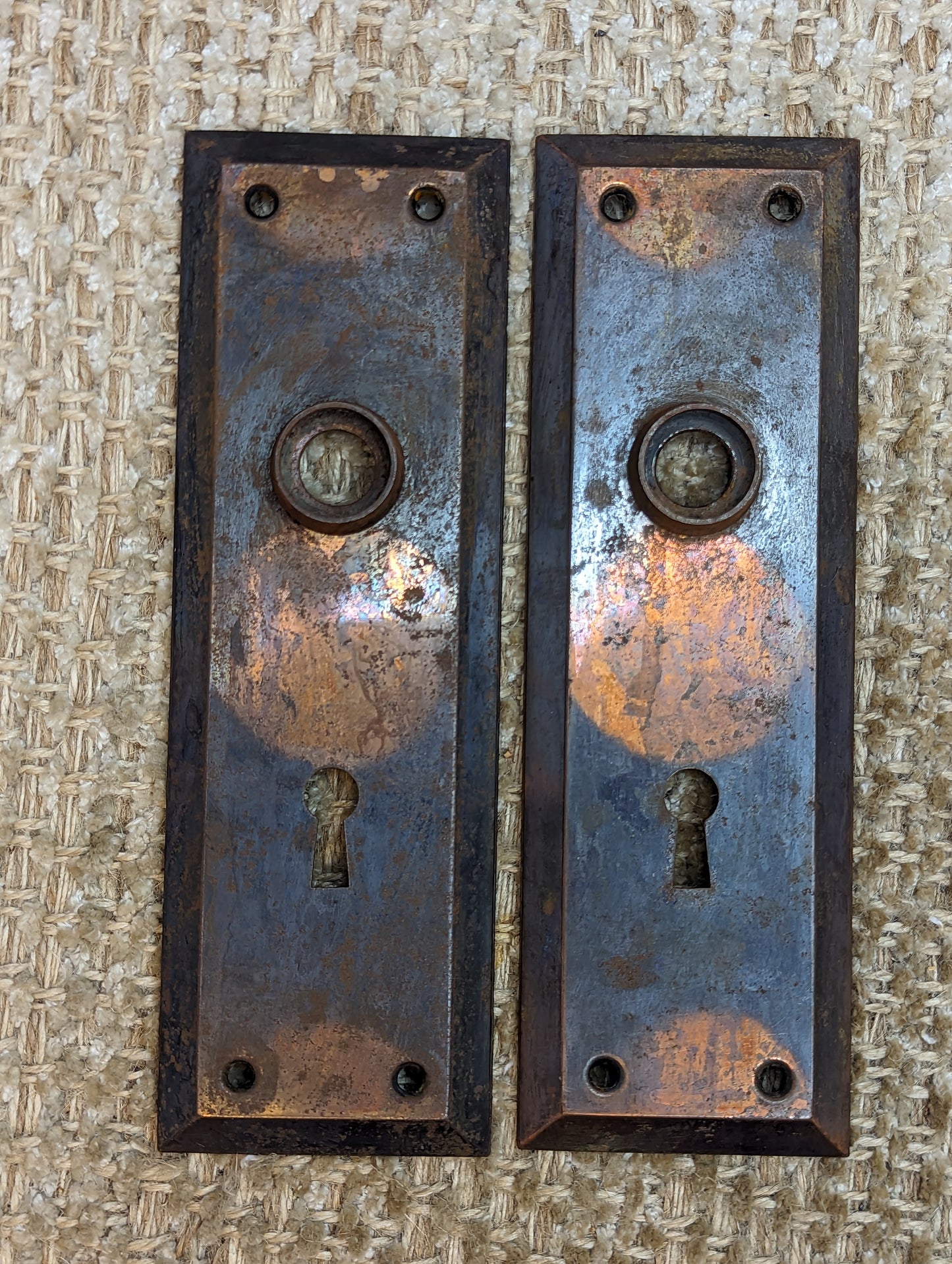 2 1/4" x 7" Pair Of Antique Stamped Steel Door Knob Plate Hardware