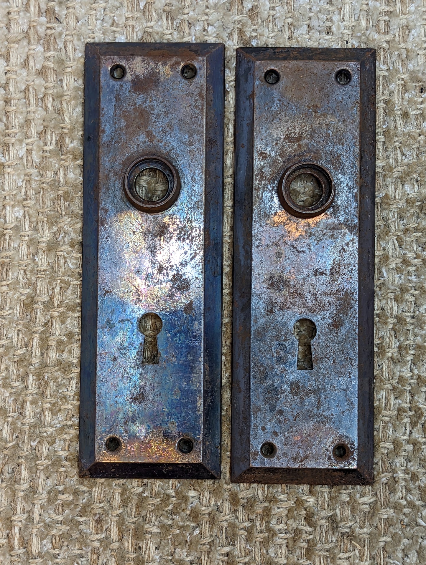 2 1/4" x 7" Pair Of Antique Stamped Steel Door Knob Plate Hardware