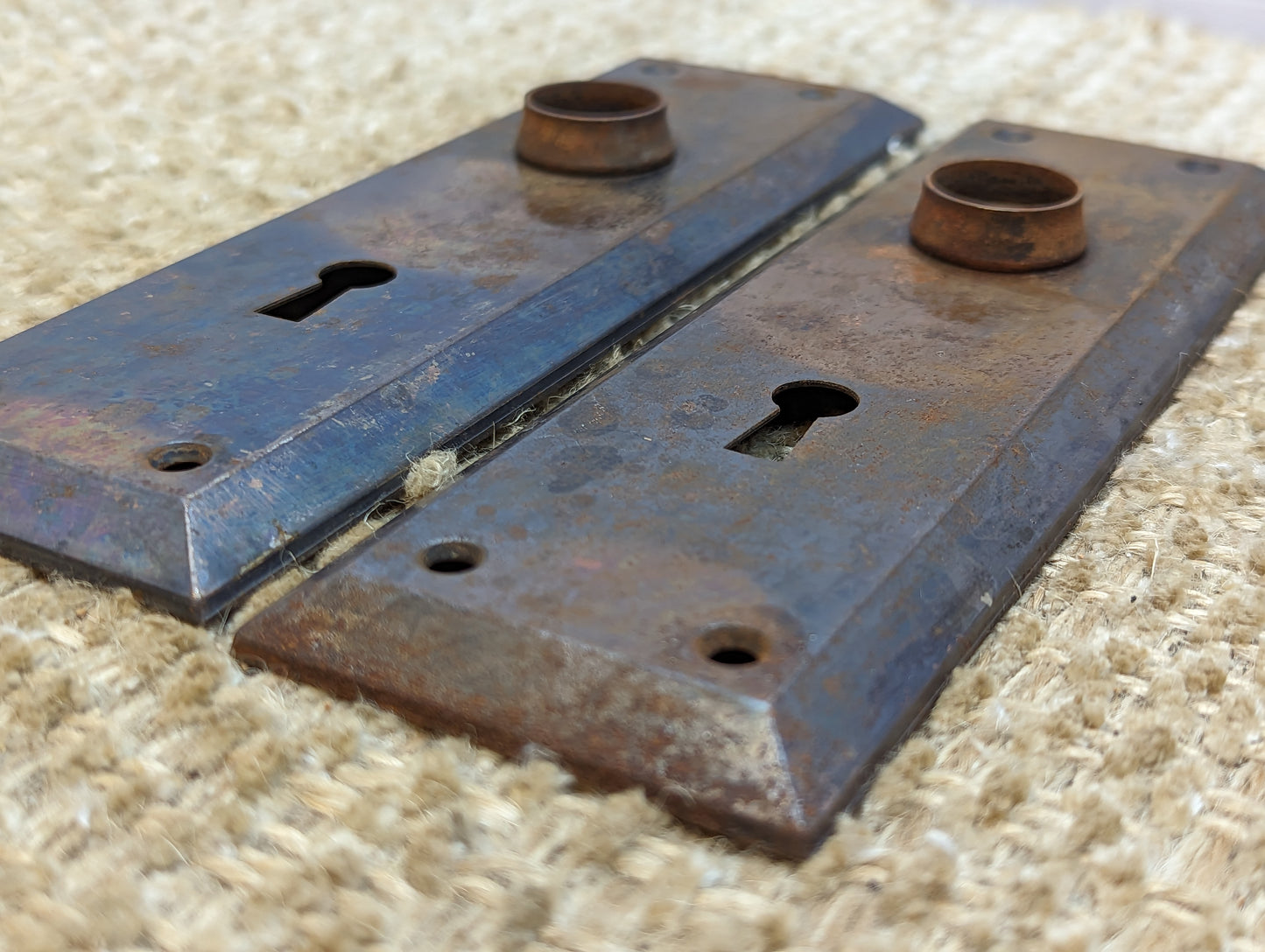 2 1/4" x 7" Pair Of Antique Stamped Steel Door Knob Plate Hardware