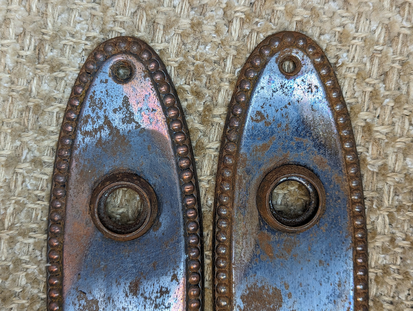 2 1/4" x 7 3/8" Pair Of Antique Stamped Steel Door Knob Plates