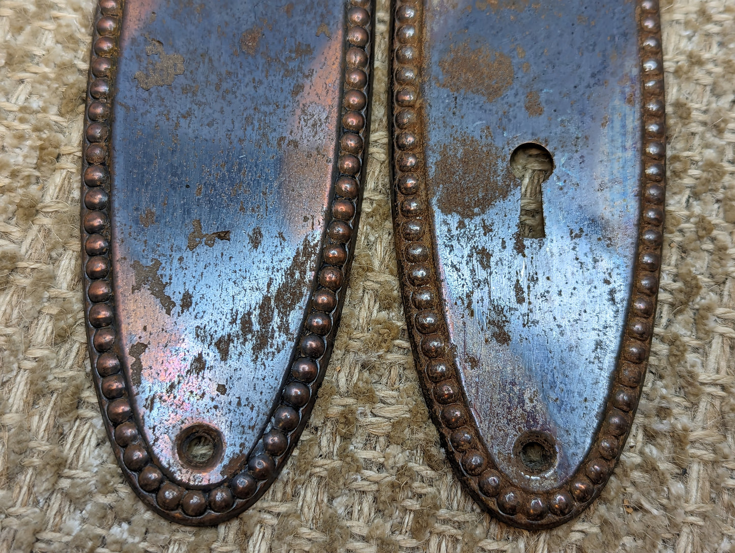 2 1/4" x 7 3/8" Pair Of Antique Stamped Steel Door Knob Plates