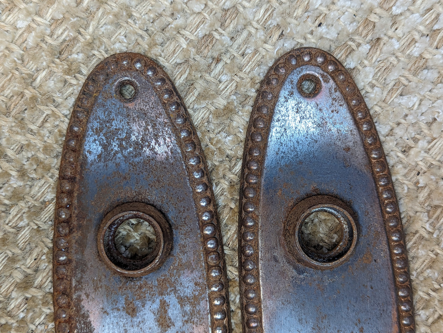 2 1/4" x 7 3/8" Pair Of Antique Stamped Steel Door Knob Plates