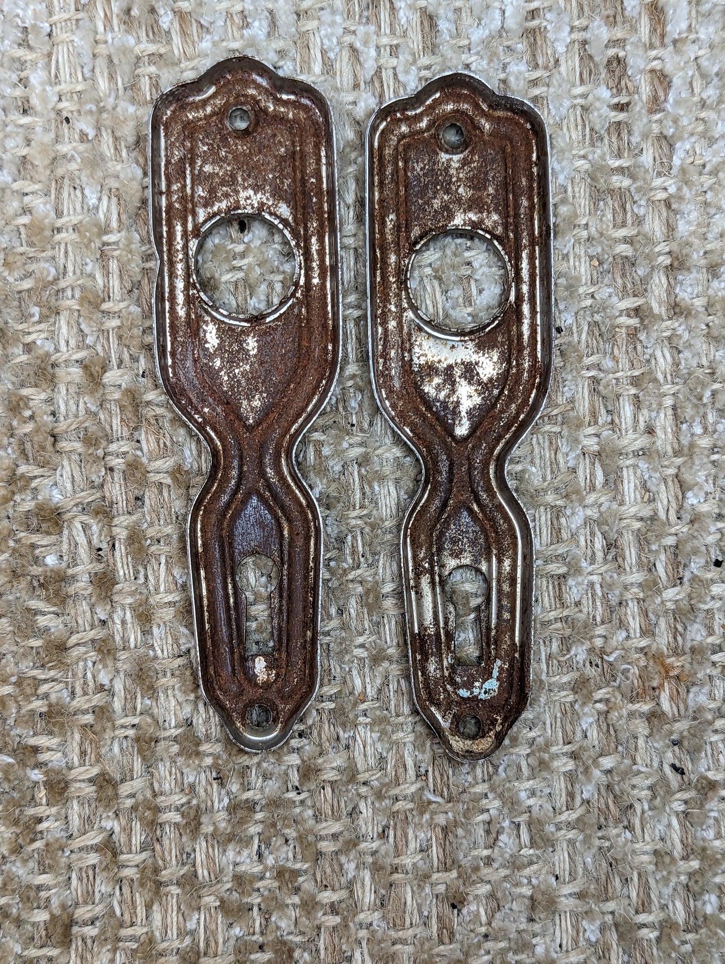 5/16" x 4 7/8" Pair Of Antique Stamped Steel Door Knob Plates