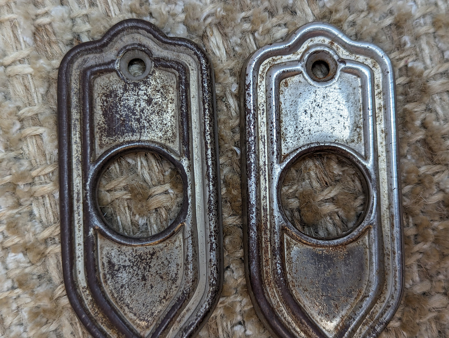 5/16" x 4 7/8" Pair Of Antique Stamped Steel Door Knob Plates