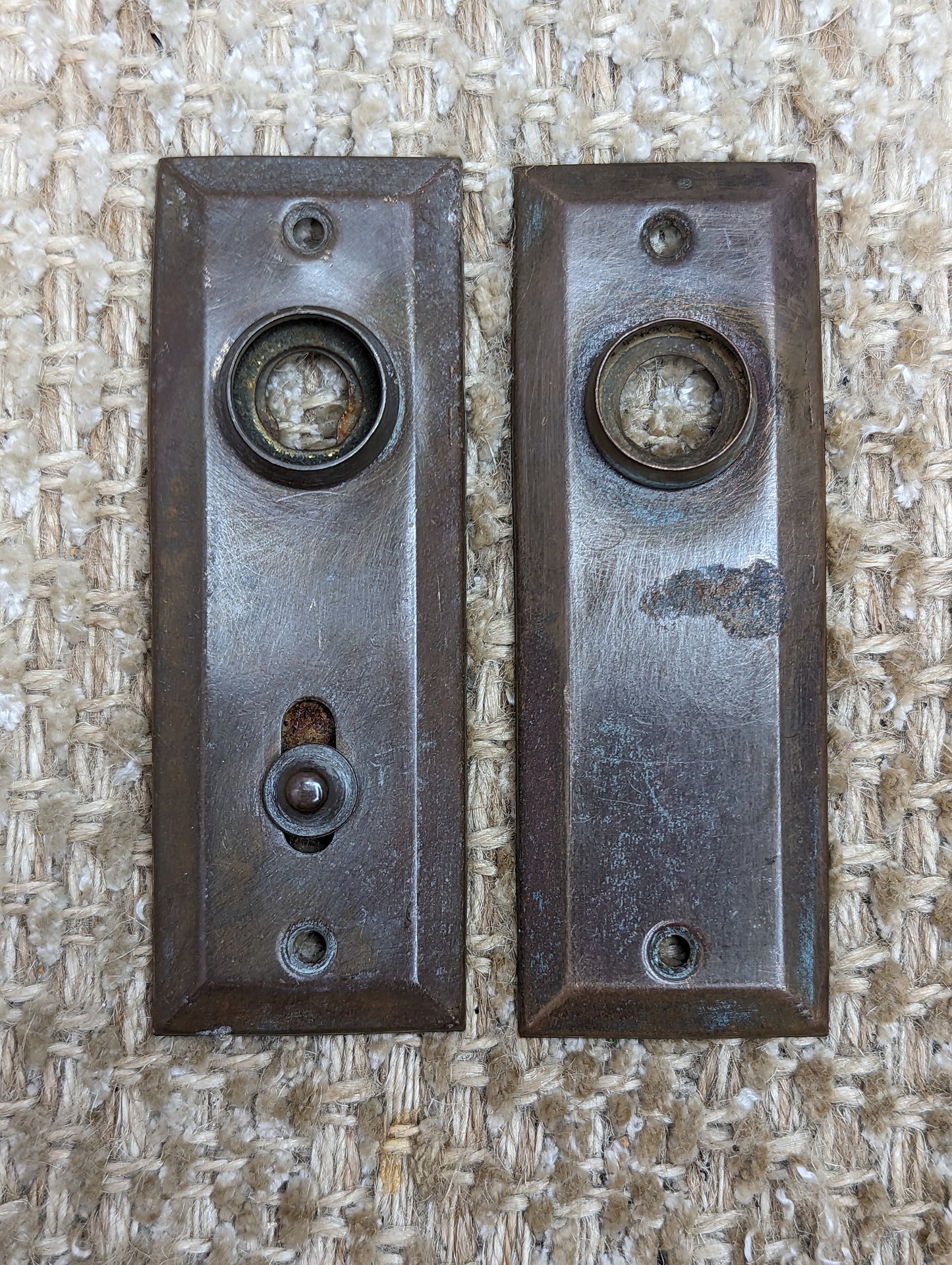 1 3/8" x 4" Pair Of Antique Stamped Brass Door Knob Plate Hardware