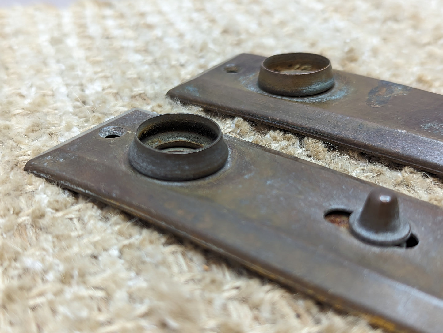 1 3/8" x 4" Pair Of Antique Stamped Brass Door Knob Plate Hardware