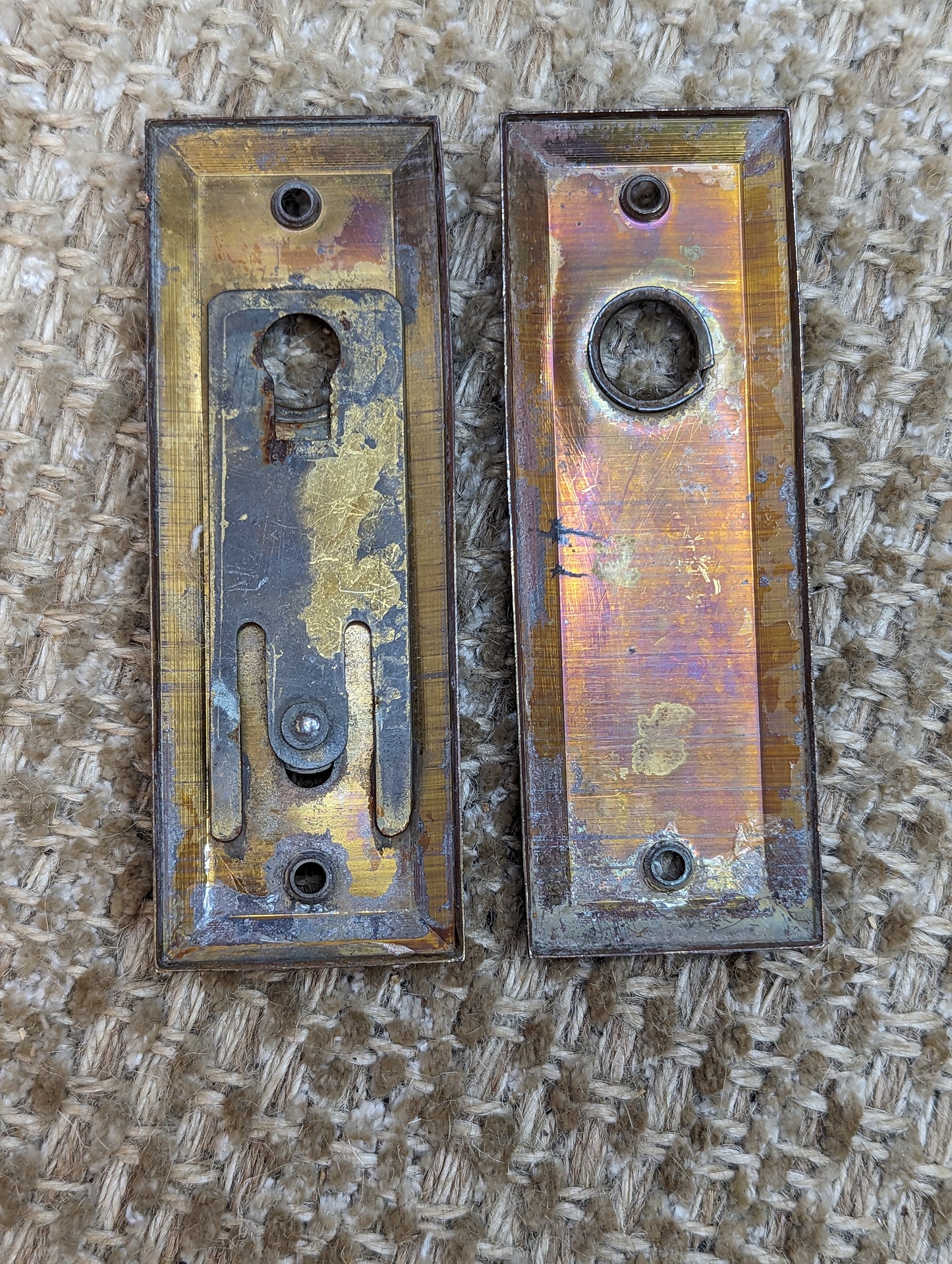 1 3/8" x 4" Pair Of Antique Stamped Brass Door Knob Plate Hardware