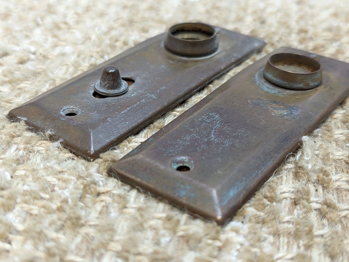 1 3/8" x 4" Pair Of Antique Stamped Brass Door Knob Plate Hardware