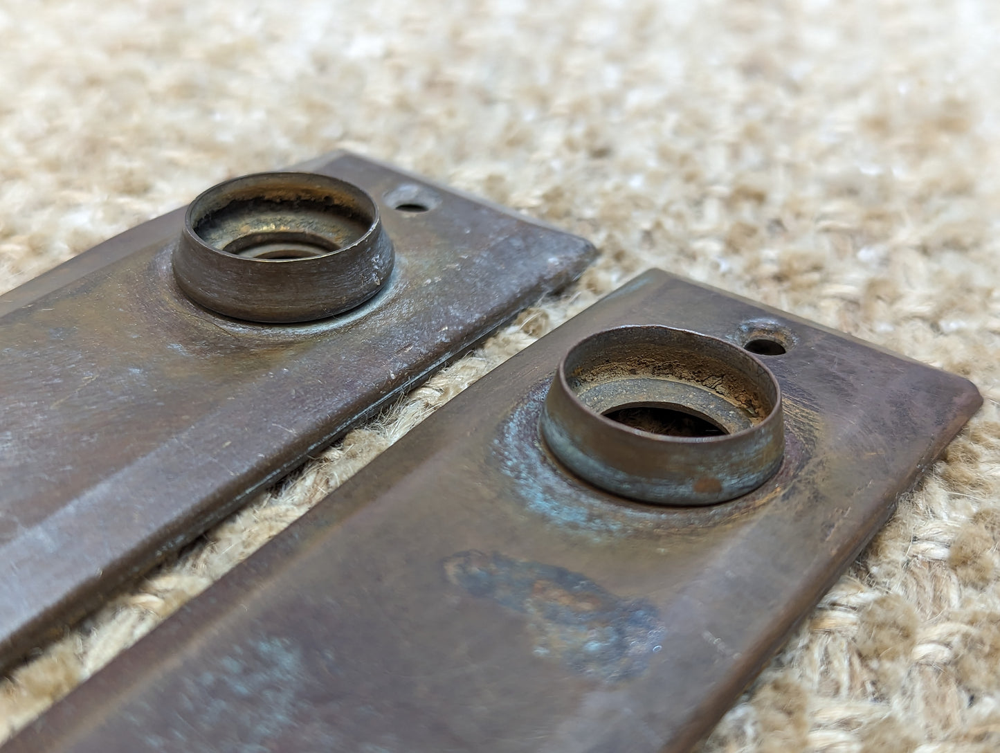 1 3/8" x 4" Pair Of Antique Stamped Brass Door Knob Plate Hardware