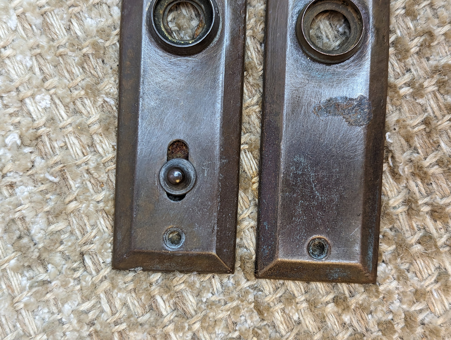 1 3/8" x 4" Pair Of Antique Stamped Brass Door Knob Plate Hardware