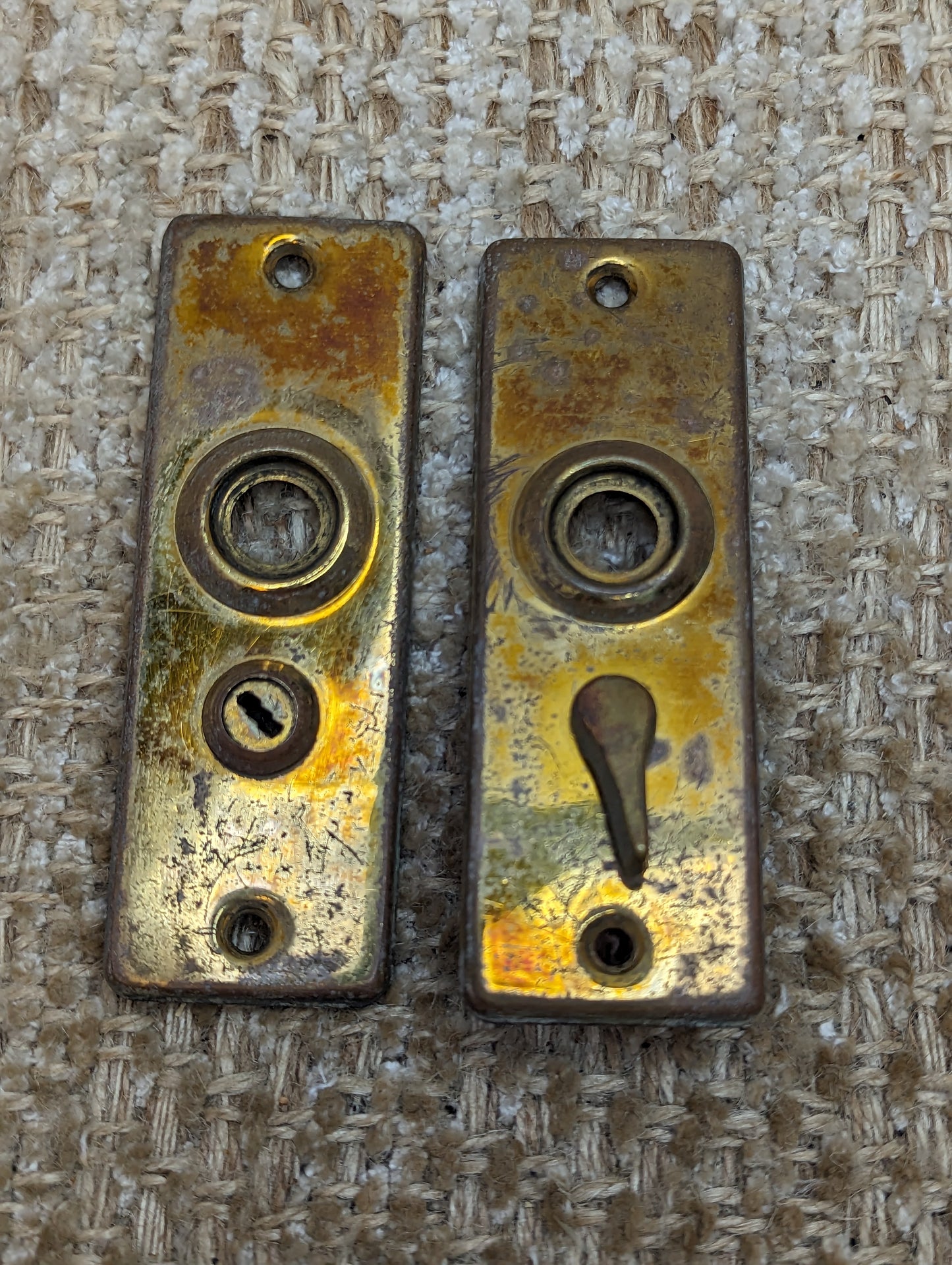 1 3/8" x 4" Pair Of Antique Stamped Brass Door Knob Plate Hardware