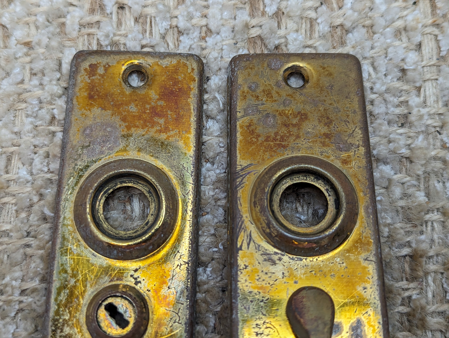 1 3/8" x 4" Pair Of Antique Stamped Brass Door Knob Plate Hardware