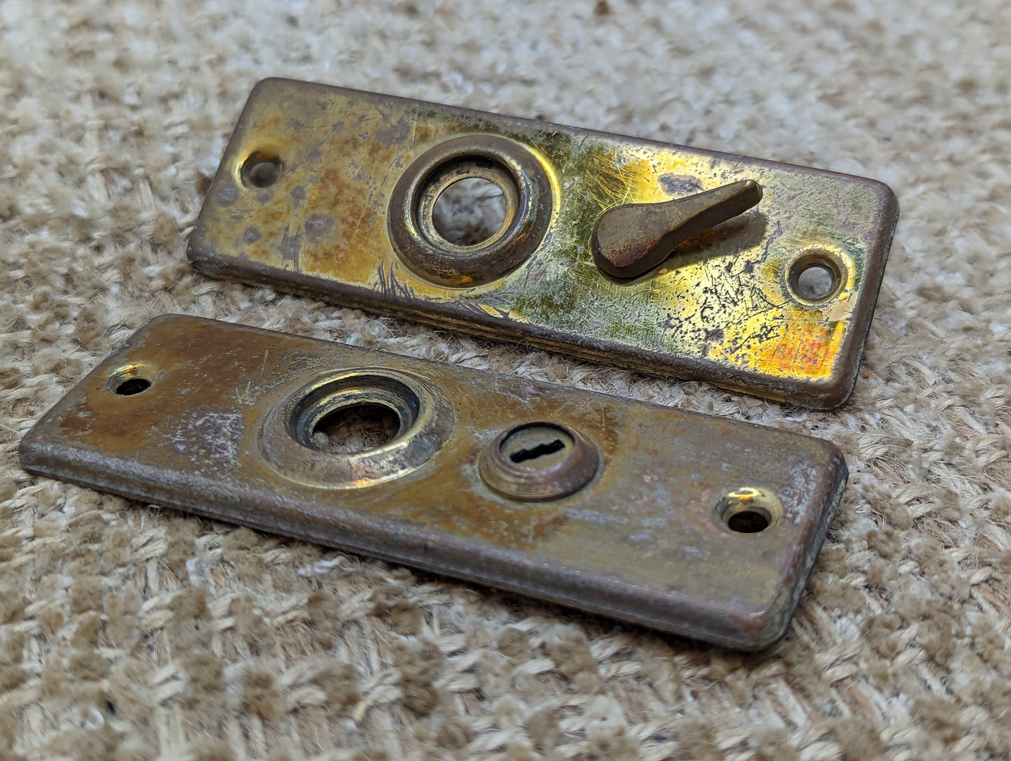 1 3/8" x 4" Pair Of Antique Stamped Brass Door Knob Plate Hardware