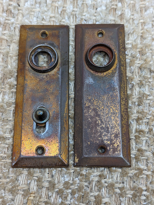 1 3/8" x 4" Pair Of Antique Stamped Steel Door Knob Plate Hardware