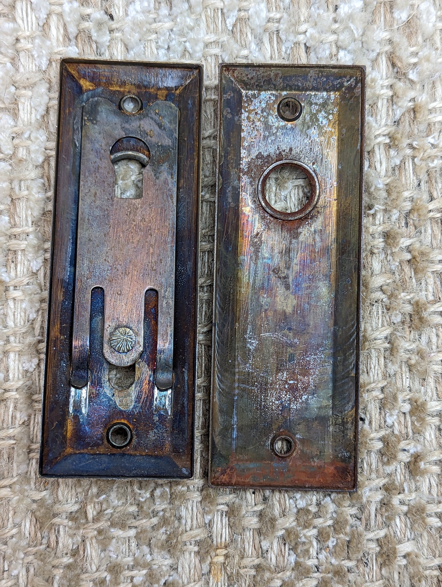 1 3/8" x 4" Pair Of Antique Stamped Steel Door Knob Plate Hardware