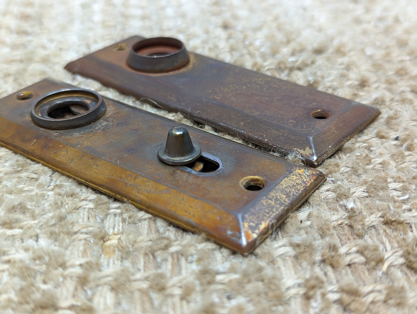 1 3/8" x 4" Pair Of Antique Stamped Steel Door Knob Plate Hardware