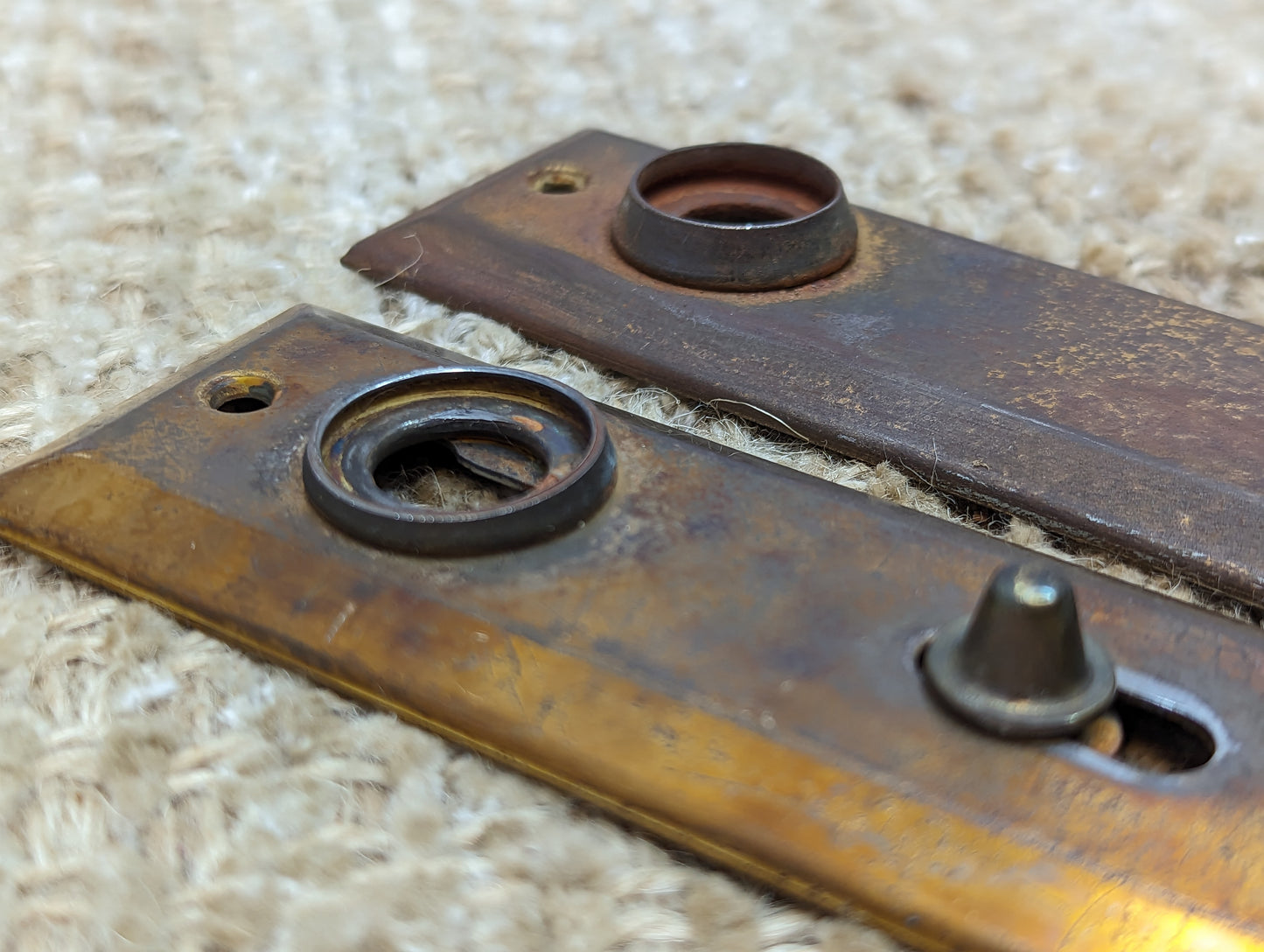 1 3/8" x 4" Pair Of Antique Stamped Steel Door Knob Plate Hardware