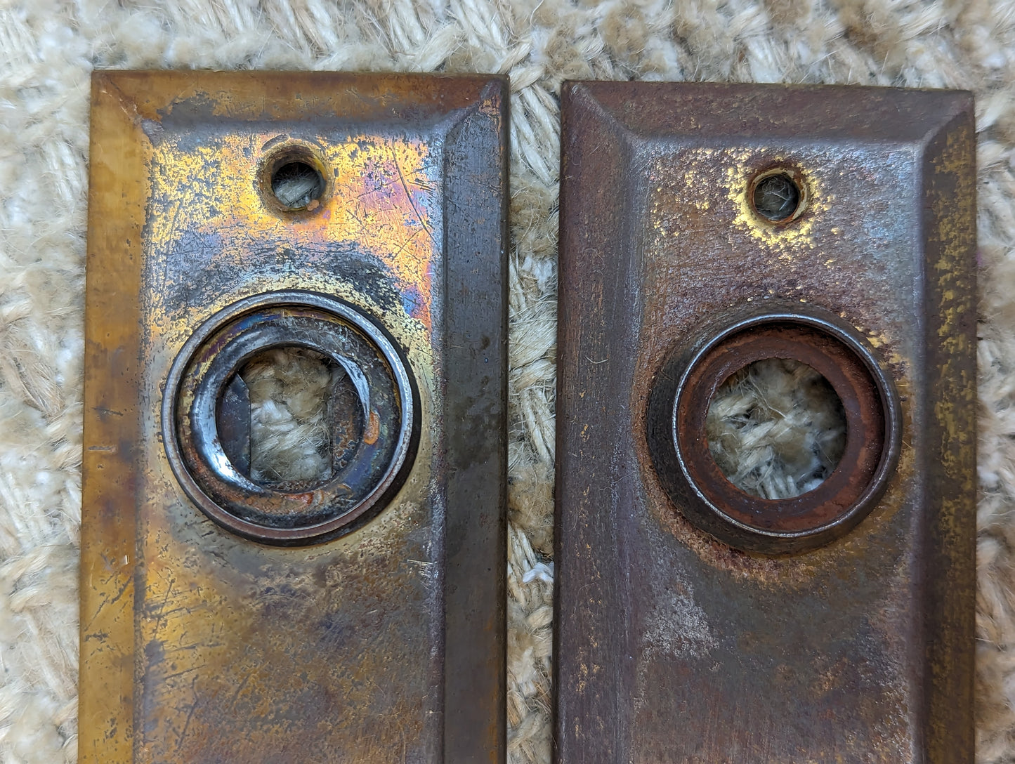 1 3/8" x 4" Pair Of Antique Stamped Steel Door Knob Plate Hardware