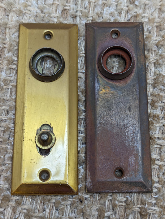 1 3/8" x 4" Pair Of Antique Stamped Steel Door Knob Plate Hardware