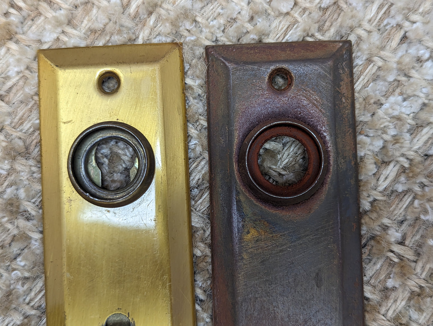 1 3/8" x 4" Pair Of Antique Stamped Steel Door Knob Plate Hardware