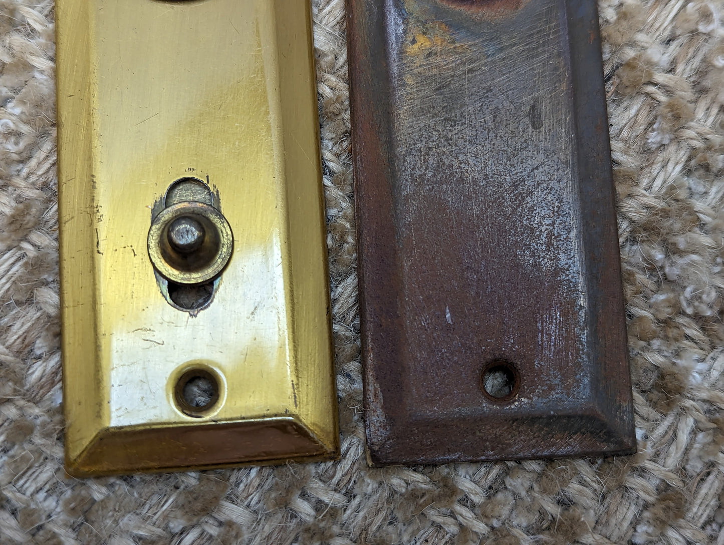 1 3/8" x 4" Pair Of Antique Stamped Steel Door Knob Plate Hardware