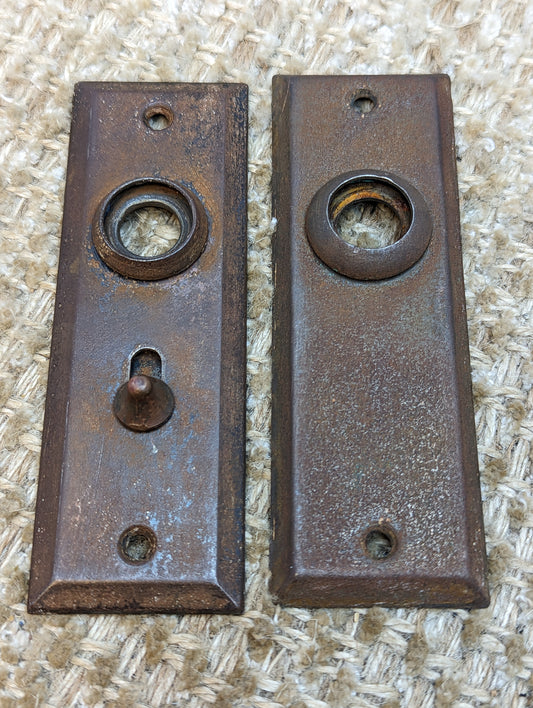 1 1/2" x 4 1/2" Pair Of Antique Stamped Steel Door Knob Plate Hardware