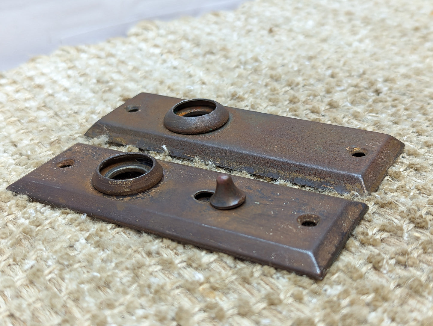 1 1/2" x 4 1/2" Pair Of Antique Stamped Steel Door Knob Plate Hardware