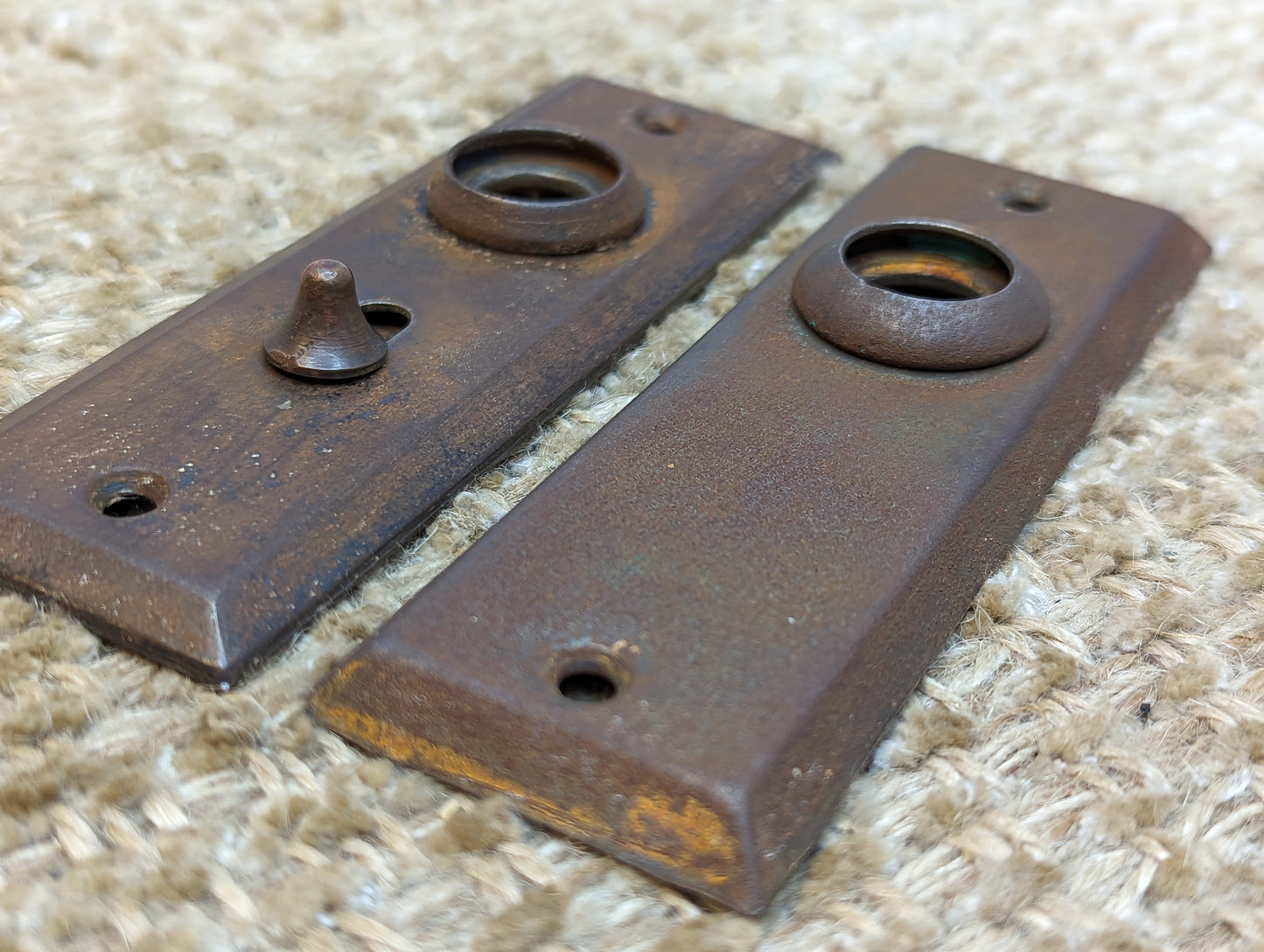 1 1/2" x 4 1/2" Pair Of Antique Stamped Steel Door Knob Plate Hardware