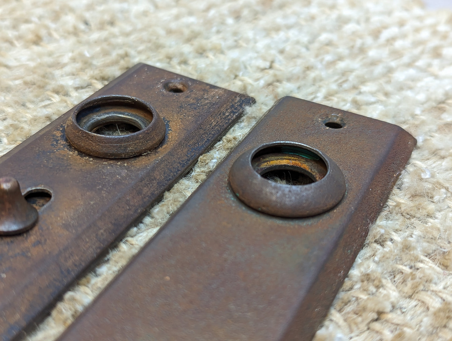 1 1/2" x 4 1/2" Pair Of Antique Stamped Steel Door Knob Plate Hardware