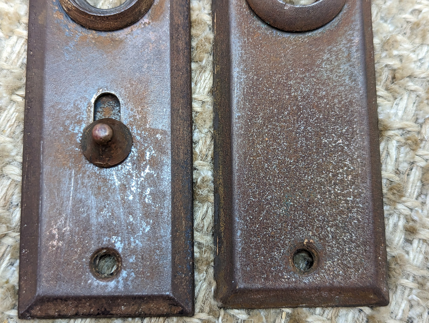 1 1/2" x 4 1/2" Pair Of Antique Stamped Steel Door Knob Plate Hardware