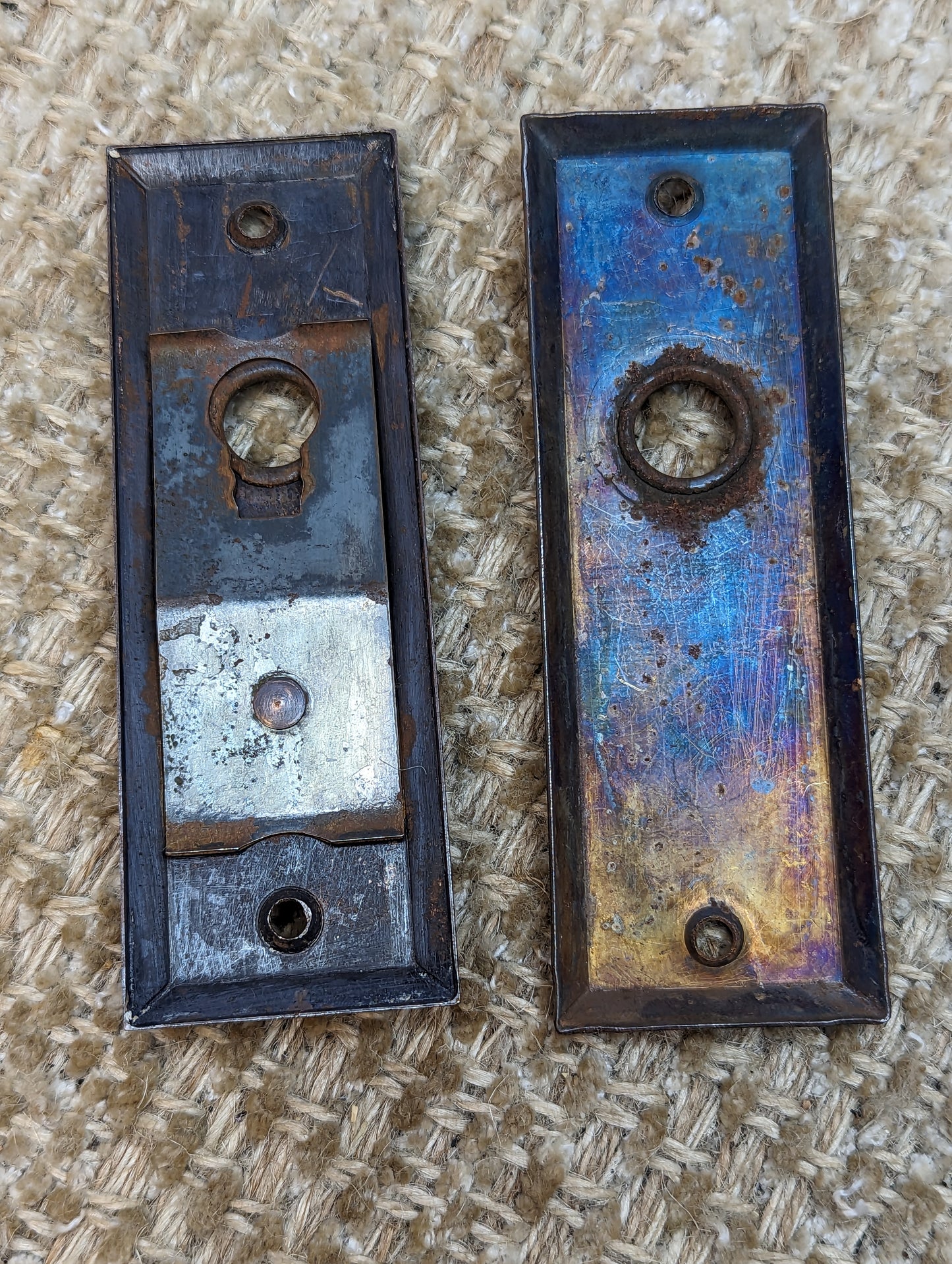 1 1/2" x 4 1/2" Pair Of Antique Stamped Steel Door Knob Plate Hardware