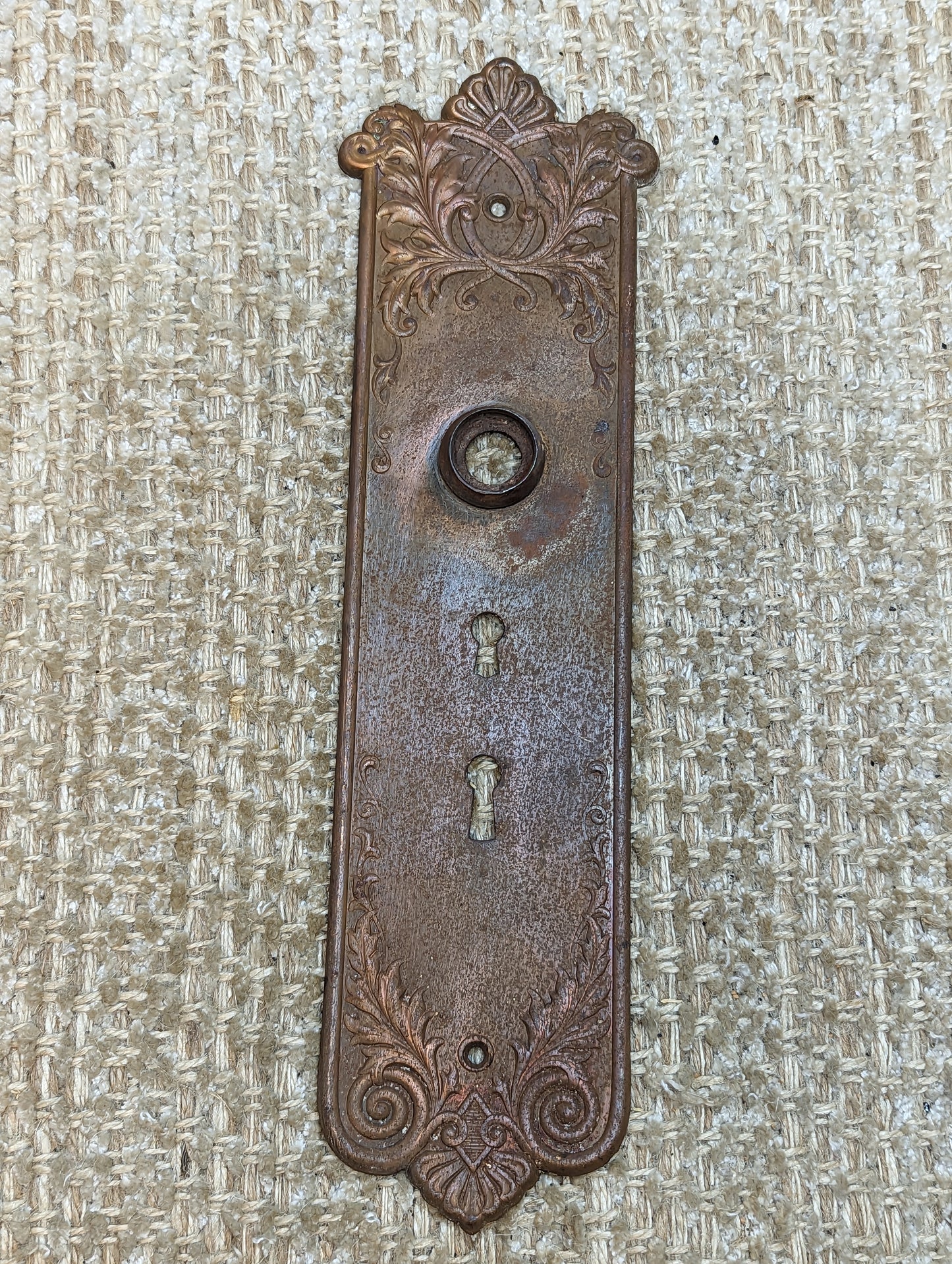 3 3/16" x 11 1/8" Antique Stamped Steel Door Knob Plate