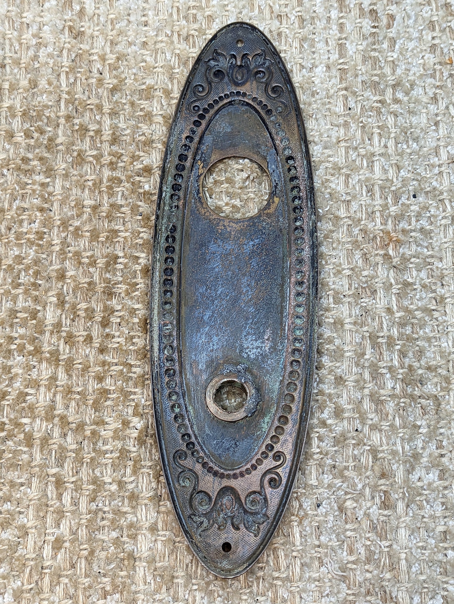 2 1/2" x 9" Antique Stamped Brass Door Knob Plate