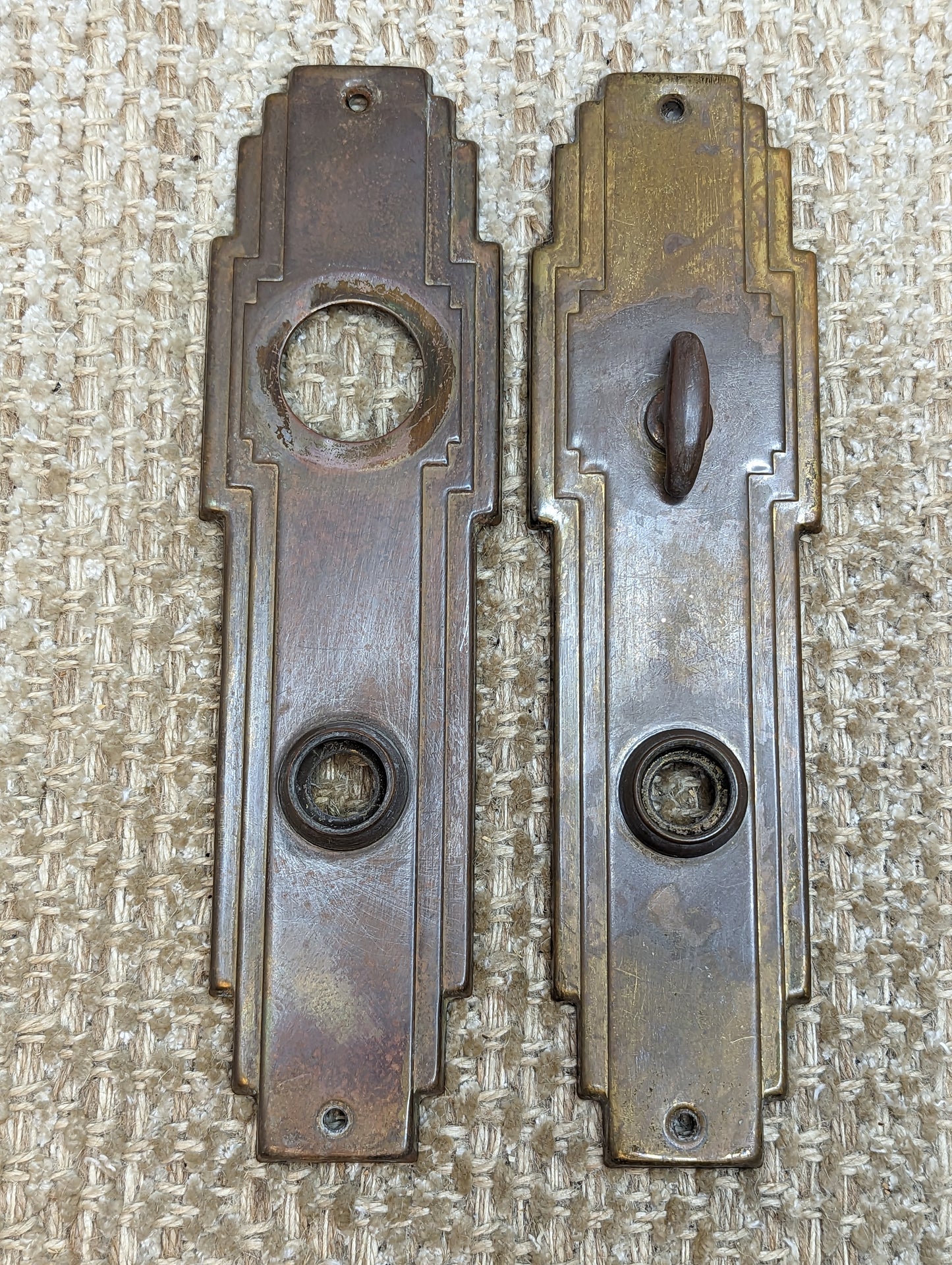 2 1/2" x 9" Pair Of Antique Stamped Brass Door Knob Plates