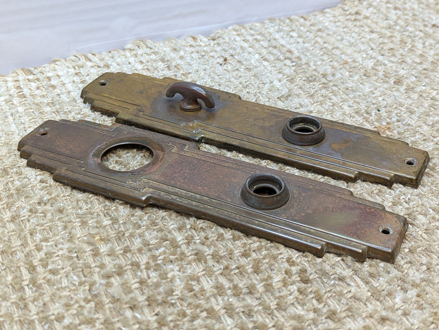 2 1/2" x 9" Pair Of Antique Stamped Brass Door Knob Plates