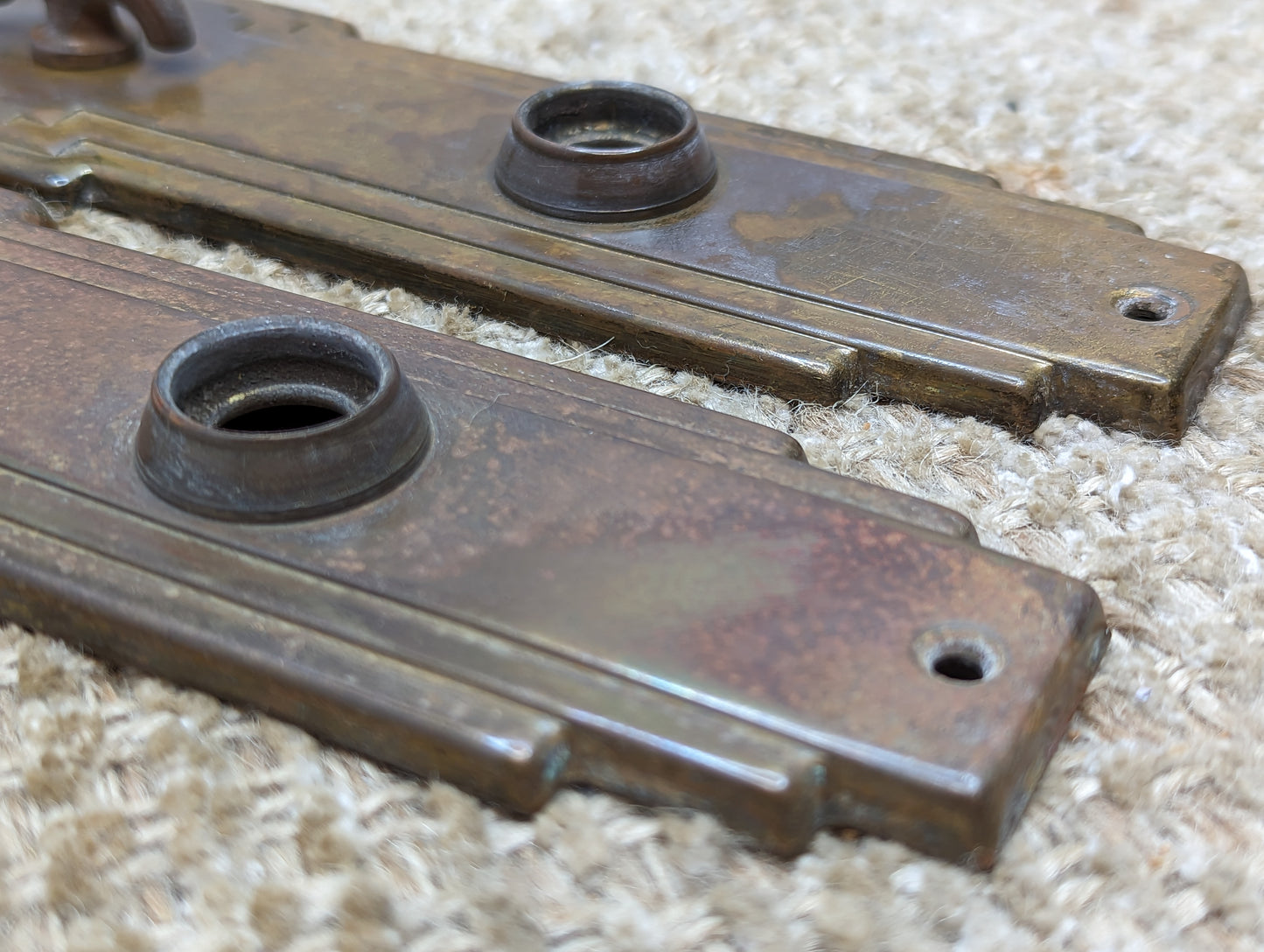 2 1/2" x 9" Pair Of Antique Stamped Brass Door Knob Plates