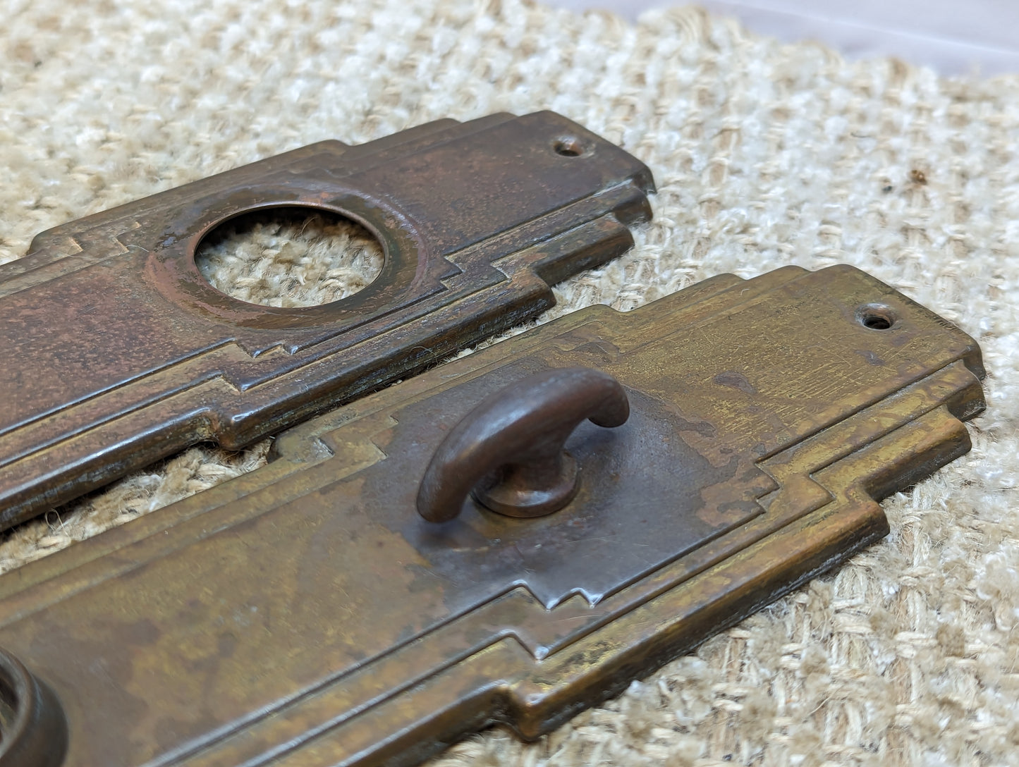 2 1/2" x 9" Pair Of Antique Stamped Brass Door Knob Plates