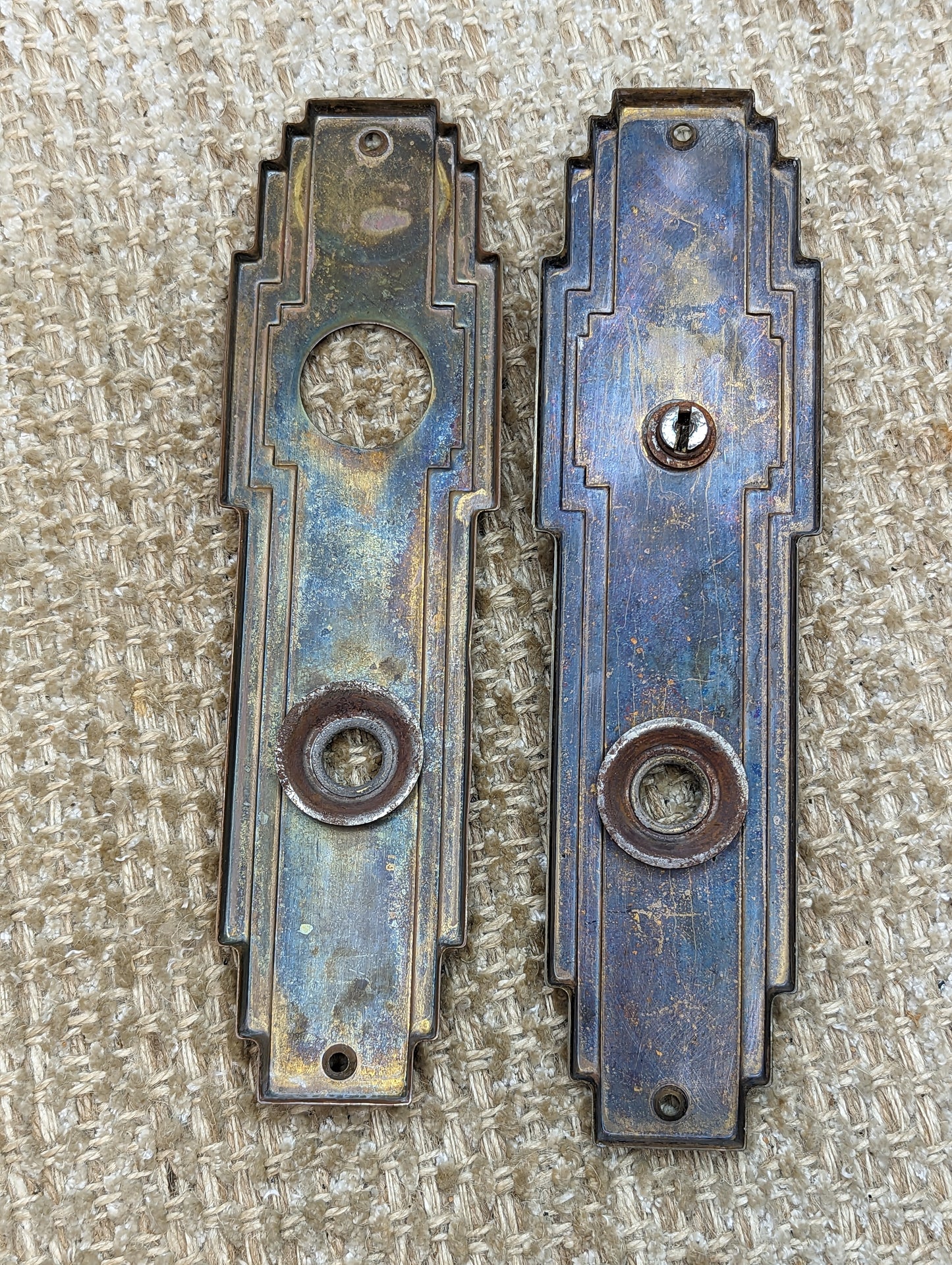 2 1/2" x 9" Pair Of Antique Stamped Brass Door Knob Plates