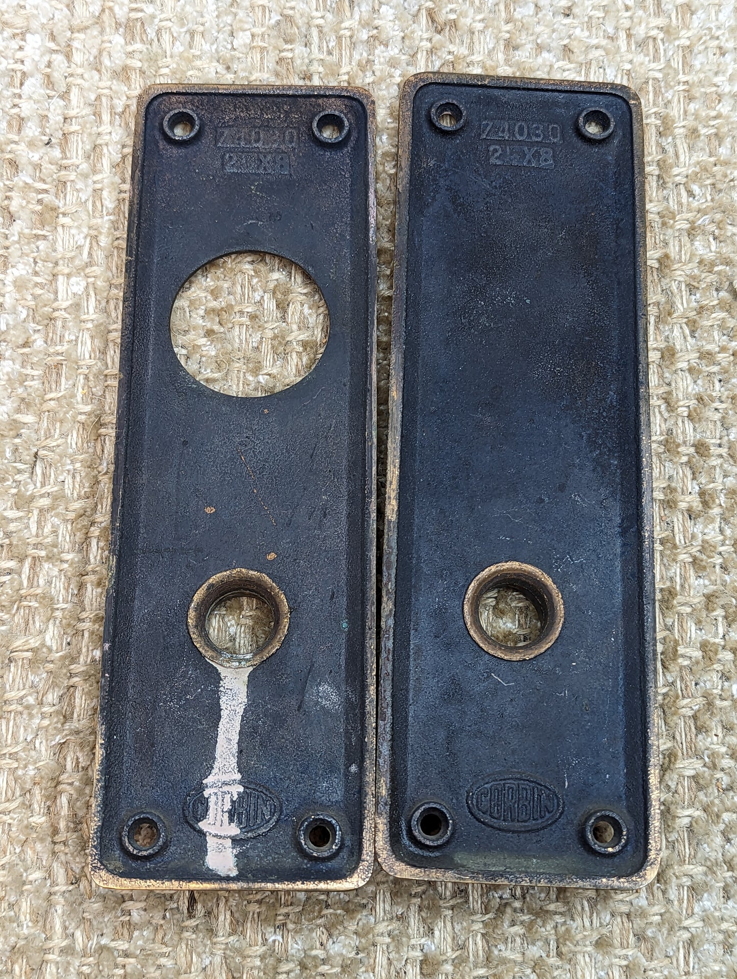 2 1/2" x 8" Pair Of Antique Corbin Cast Brass Door Knob Plates #74030