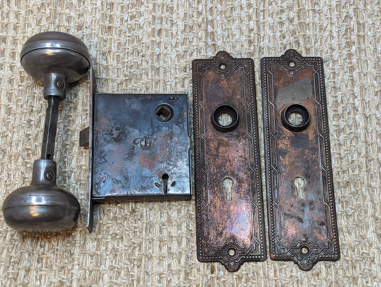 Antique Russell & Erwin  Interior Mortise Lock, Steel Door Knobs and Steel Door Knob Plates