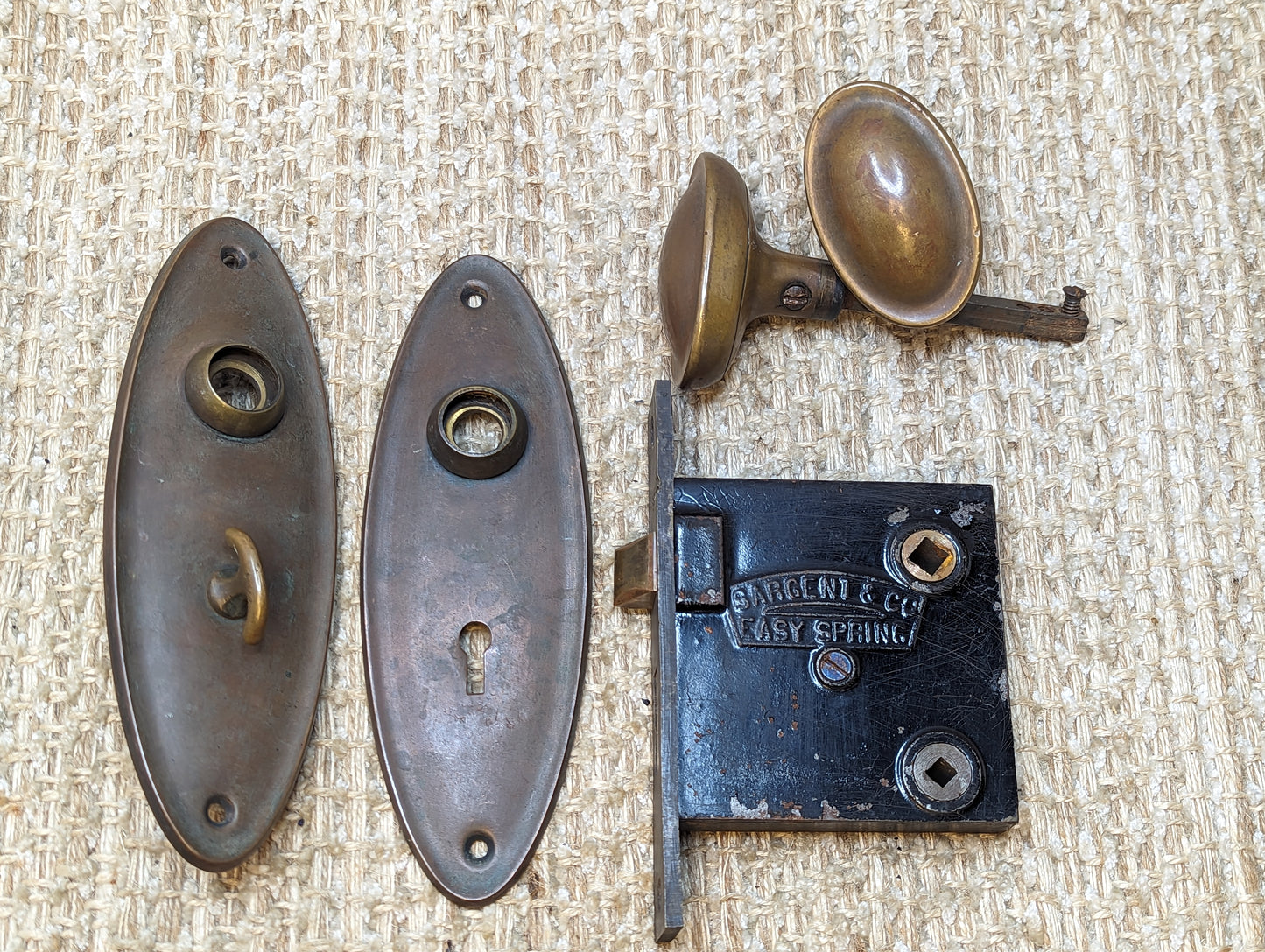 Antique Sargent & Co. Passage Lock, Brass Door Knobs and Brass Door Knob Plates