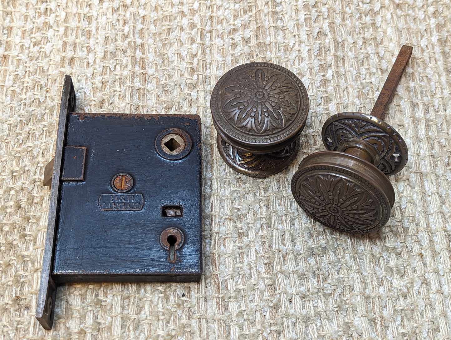 Antique Hopkins & Dickson Mfg. Co Lock #225, Brass Door Knobs and Brass Rosettes