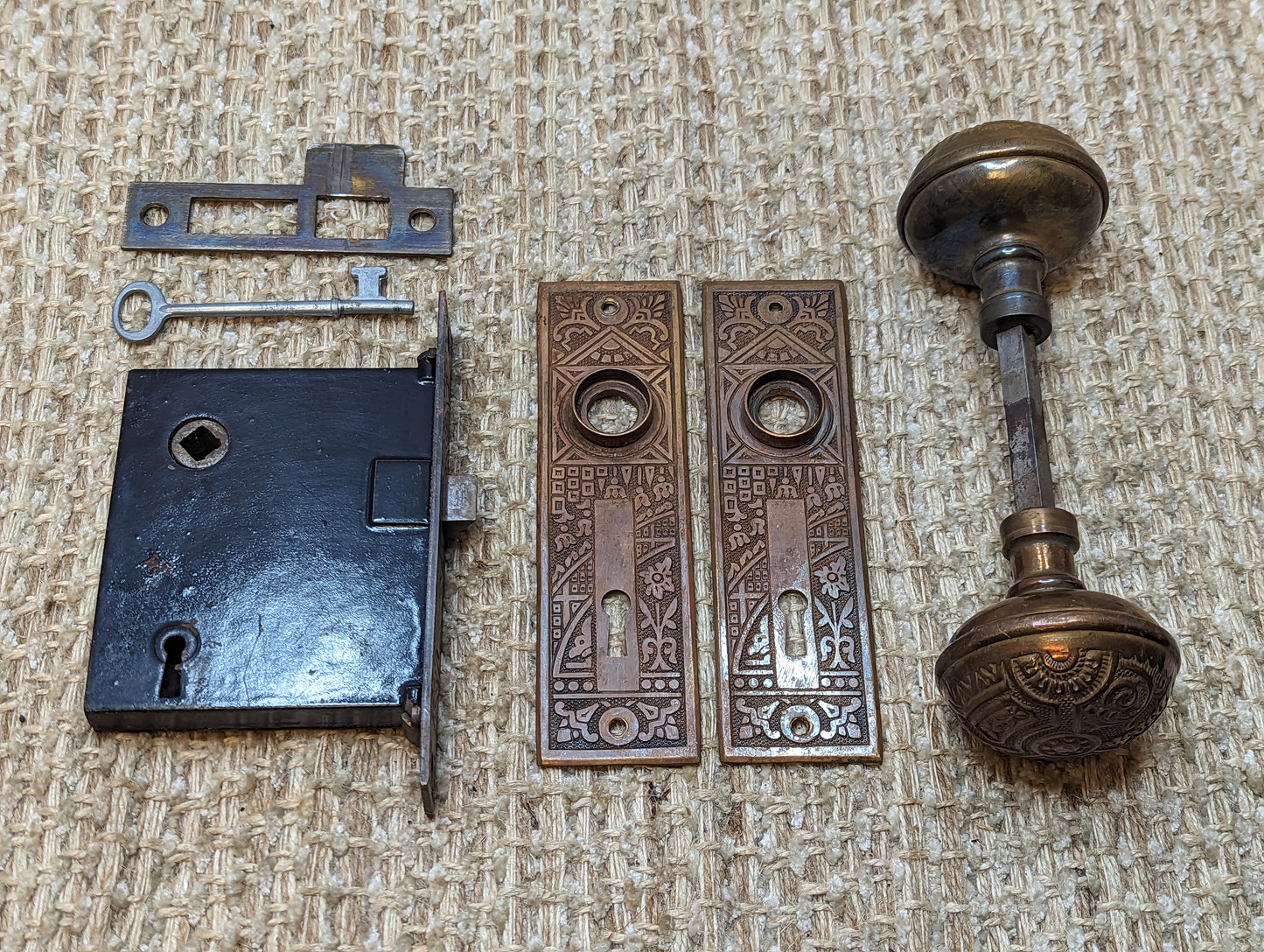 Antique Corbin Ceylon Lock With Key, Strike Plate, Brass Door Knobs and Brass Door Plates