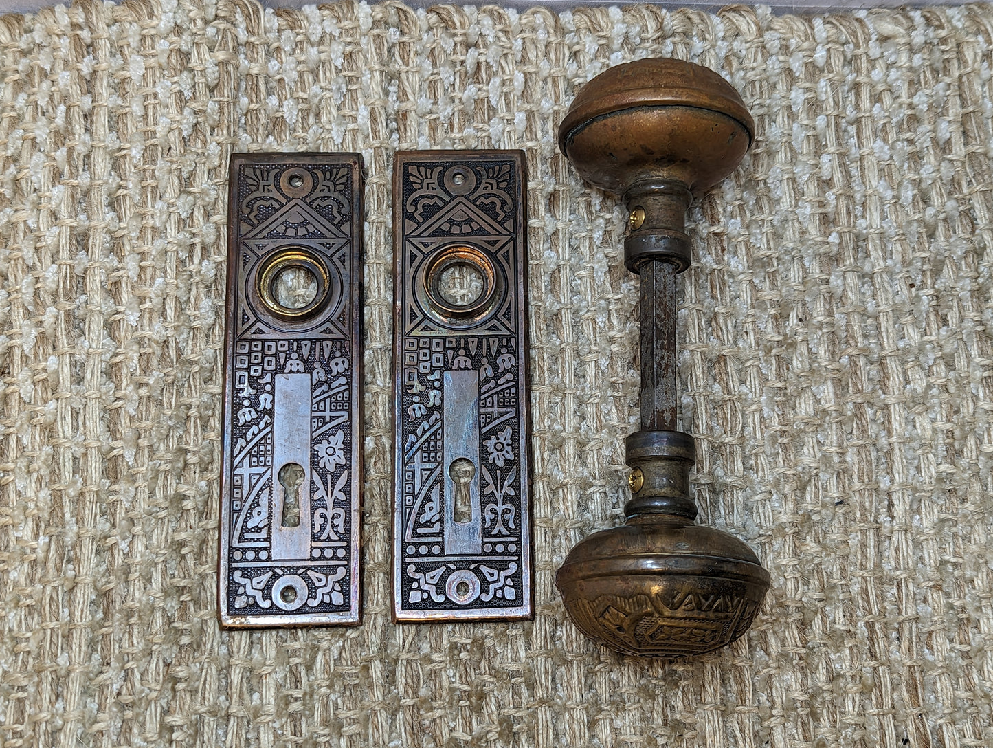 Antique Corbin Ceylon Brass Door Knobs and Door Plates Set