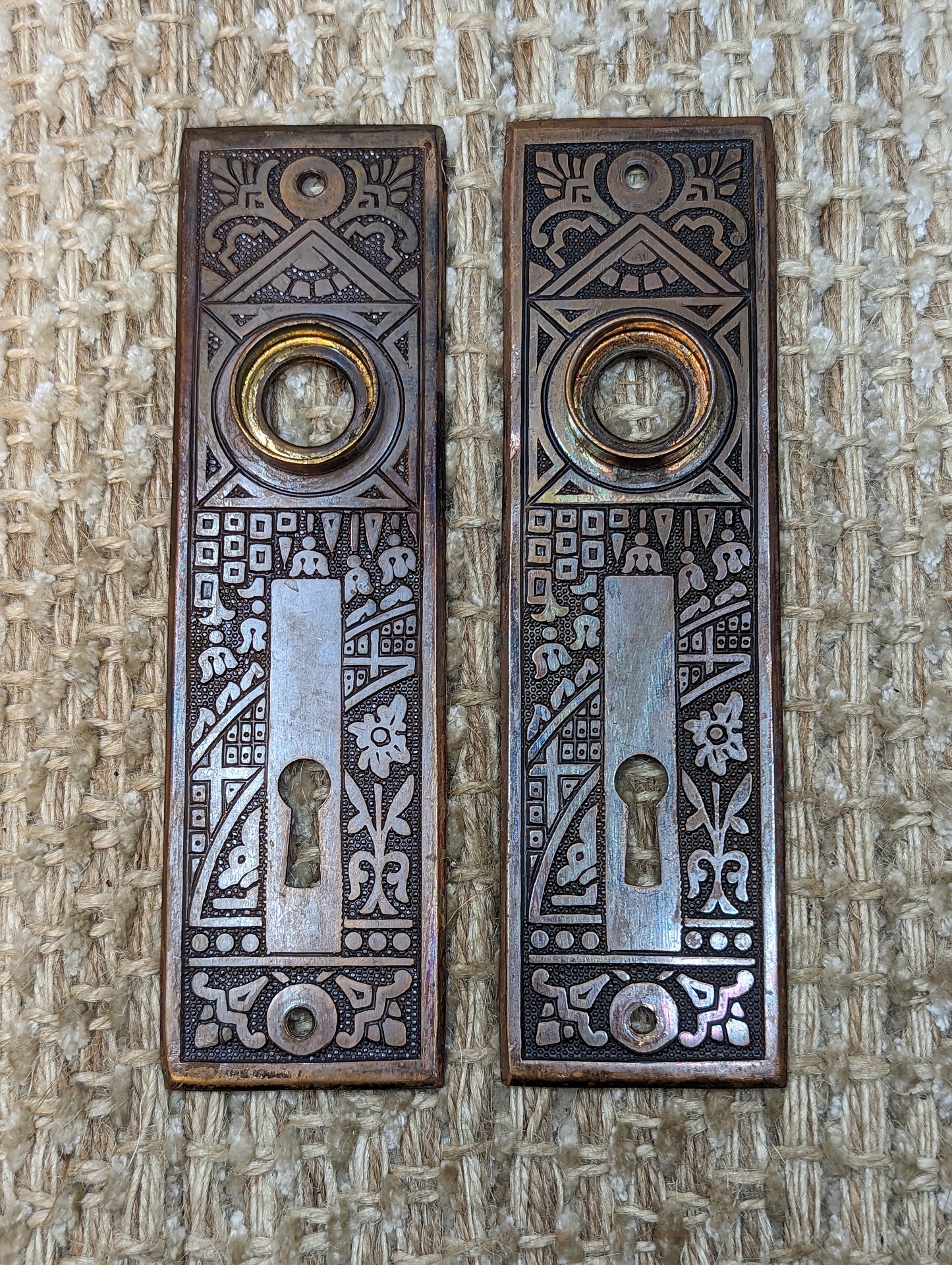 Antique Corbin Ceylon Brass Door Knobs and Door Plates Set