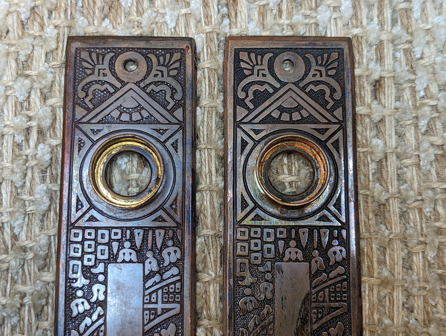 Antique Corbin Ceylon Brass Door Knobs and Door Plates Set