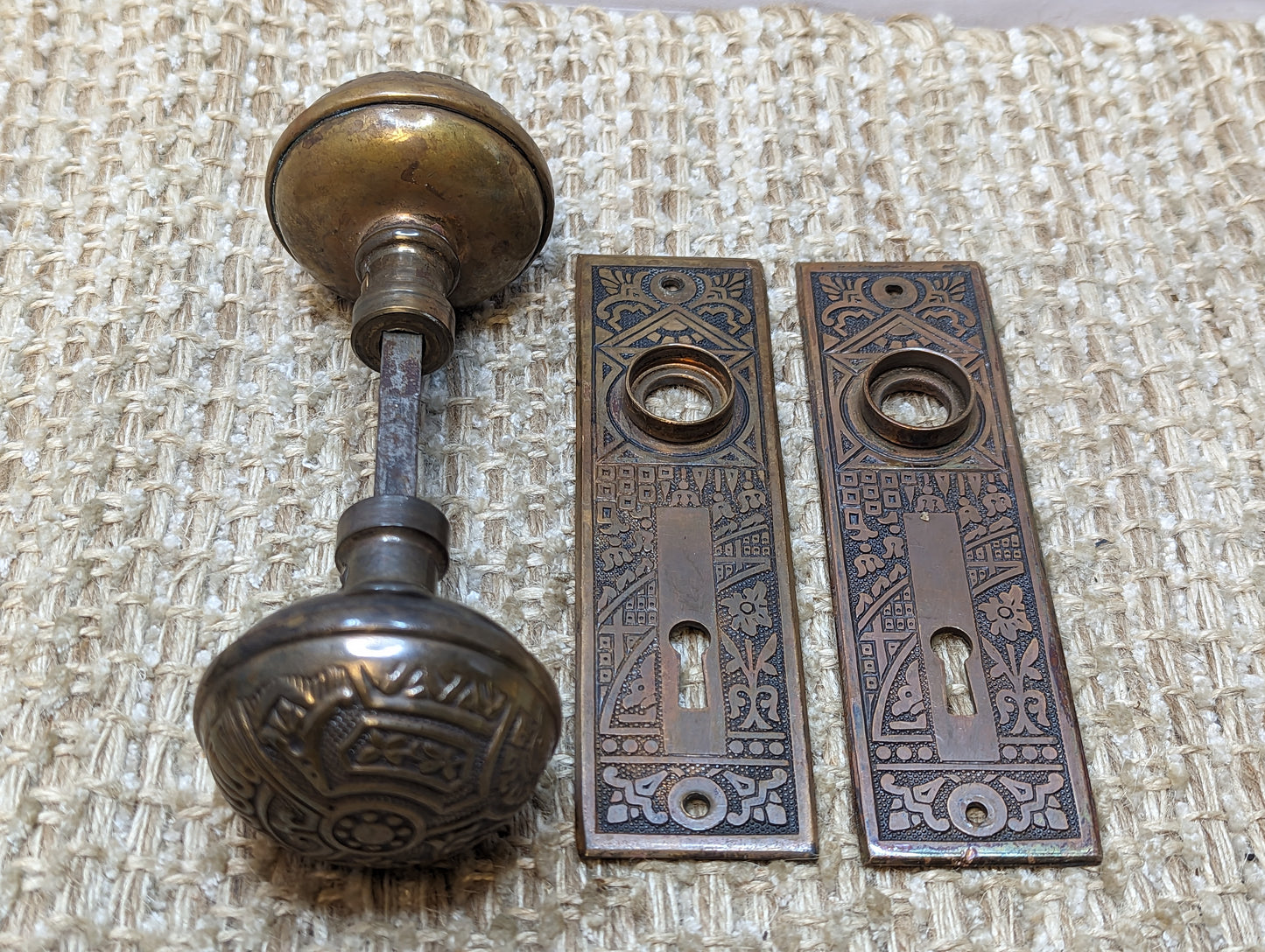 Antique Corbin Ceylon Brass Door Knobs and Door Plates Set